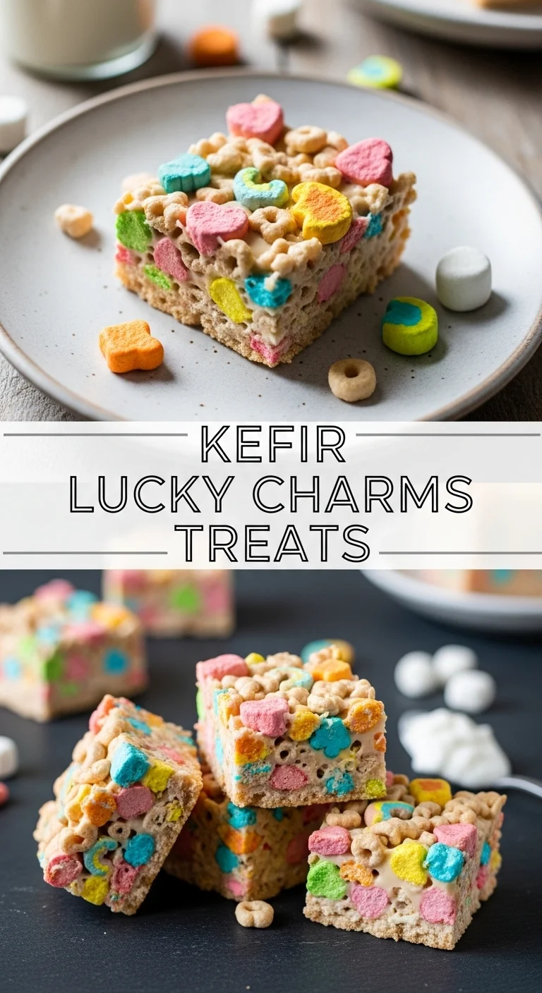 A vertical split layout image featuring two mouthwatering pictures of kefir Lucky Charms treats. The top half shows fluffy, vibrant green treats with colorful marshmallows, while the bottom half displays perfectly formed bars ready to enjoy. The main keyword 'kefir Lucky Charms Treats' is centrally positioned, making it clear these are festive St. Patrick's Day treats.