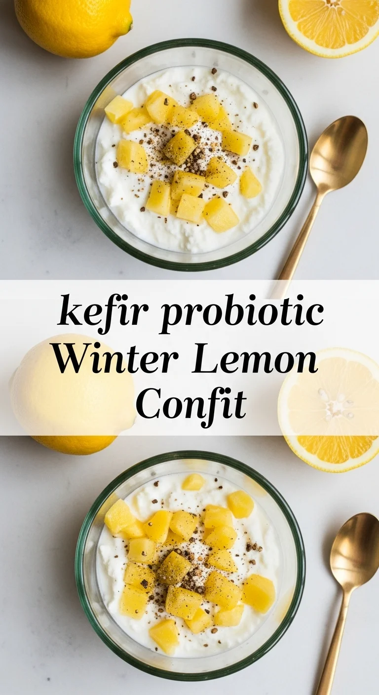 Vertical pin showing two delicious smartphone photos of candied lemon slices and a jar of golden, fermented kefir probiotic Winter Lemon Confit with the text 'Kefir Probiotic Winter Lemon Confit' in the center.