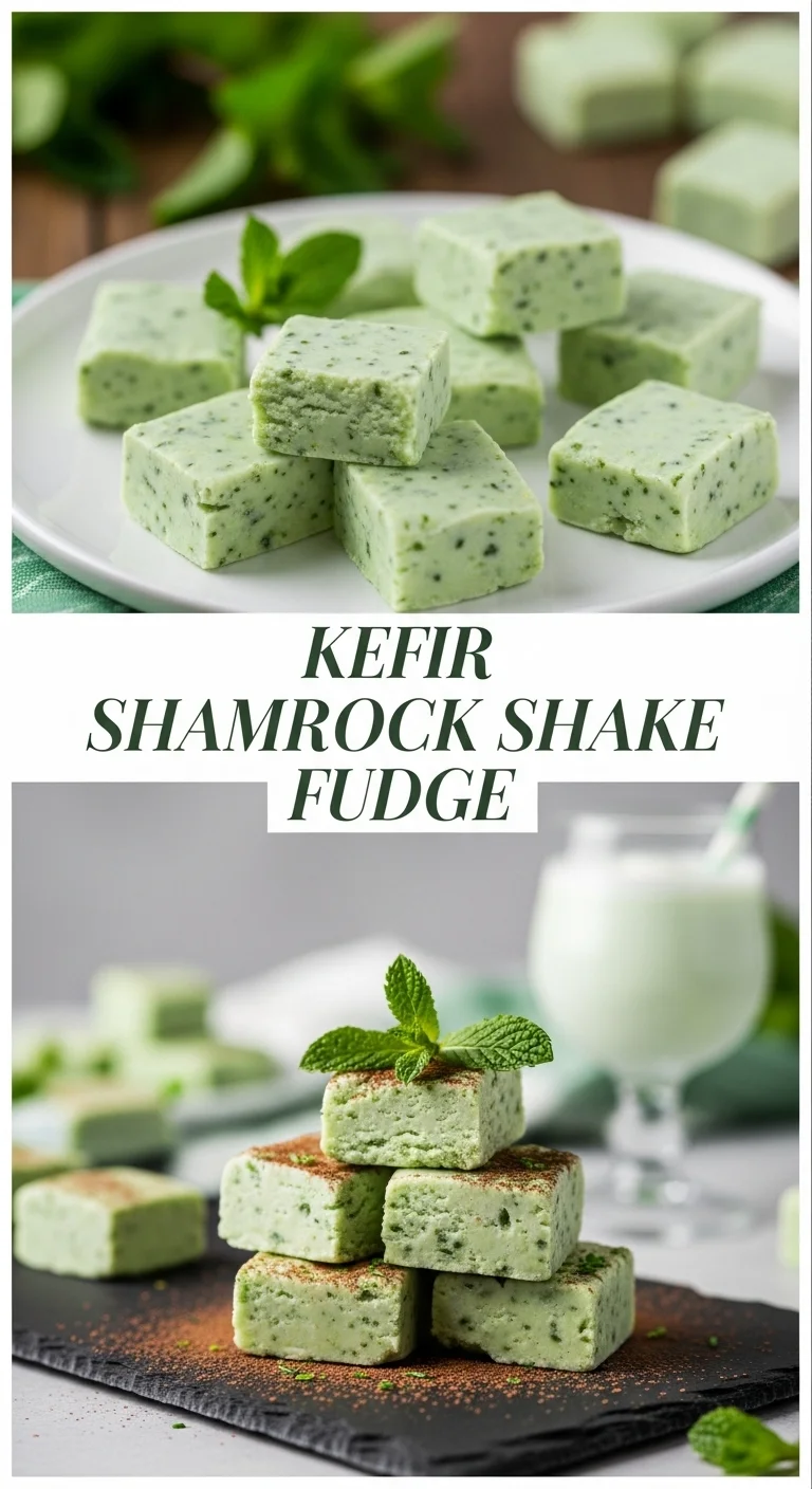 A vertical split layout image featuring delicious kefir Shamrock Shake Fudge. The top picture showcases beautifully cut squares of vibrant green fudge, while the bottom displays more tempting pieces on a festive st patrick’s day themed background. The words 'kefir Shamrock Shake Fudge' are prominently placed in the center.