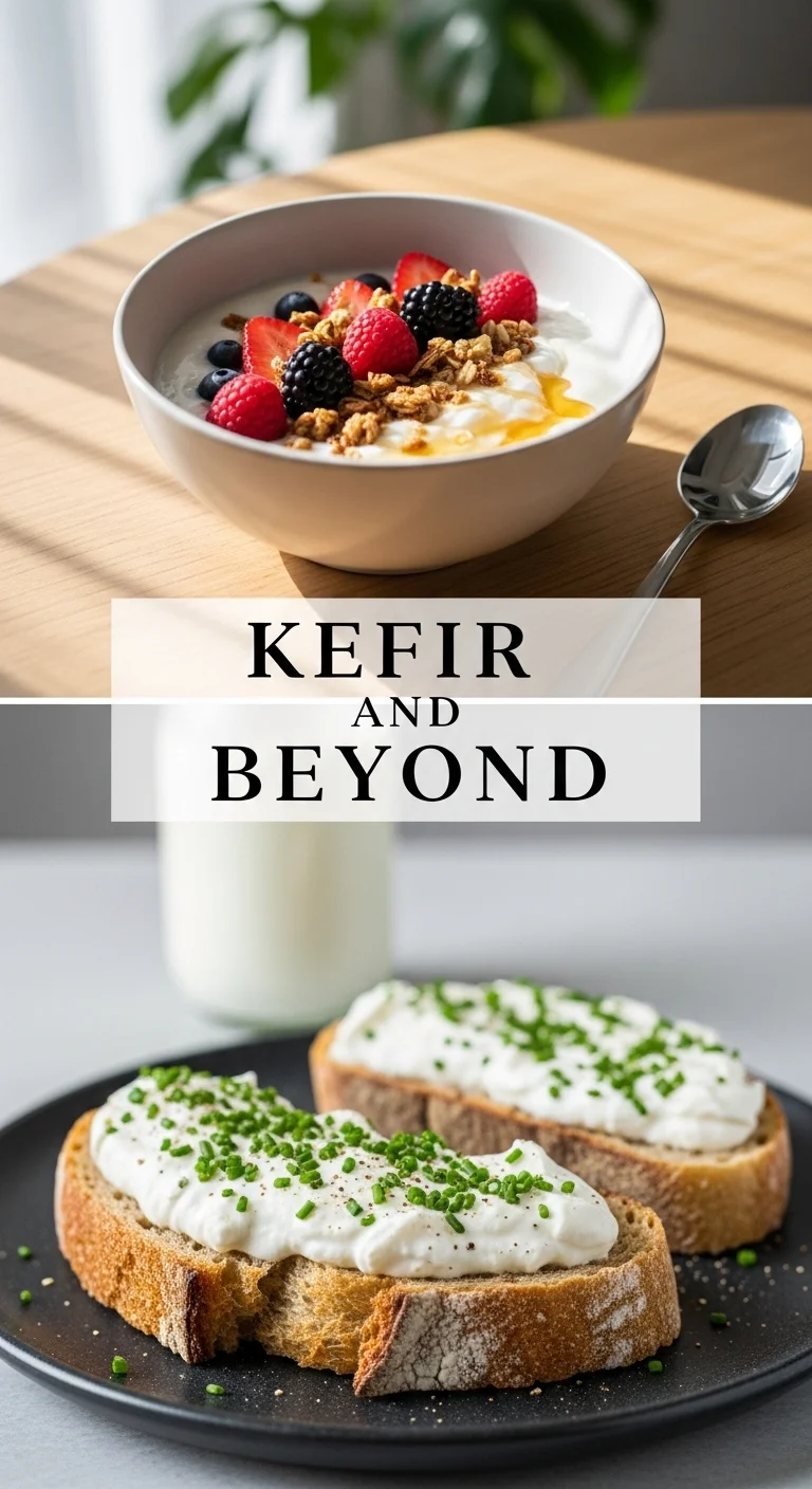 Vertical pin showing two delicious smartphone photos. On top, a creamy, vibrant berry kefir smoothie bowl topped with fresh fruit and granola. Below, a glass of sparkling water kefir with lemon slices and mint. The text 'Kefir and Beyond' is prominently displayed in the center.