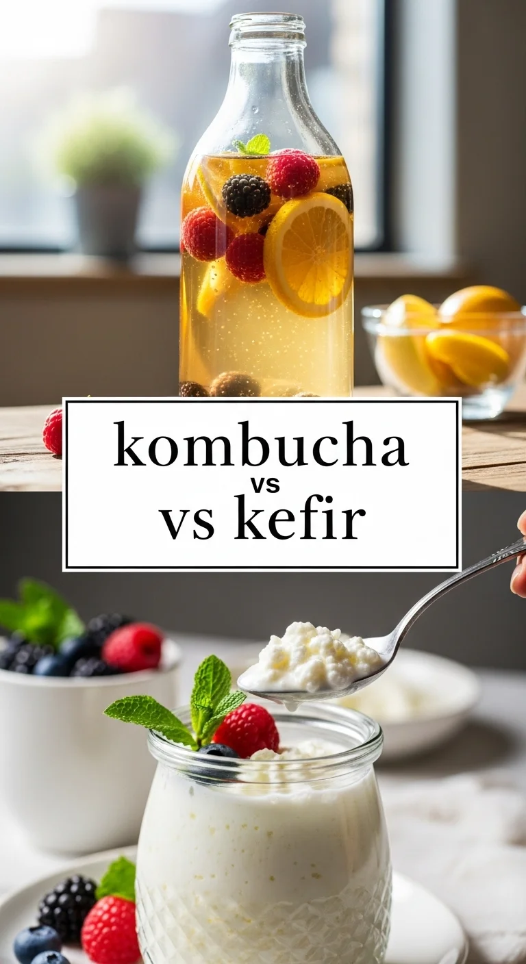Vertical pin showing two delicious smartphone photos. On the left, a vibrant glass of amber kombucha with fresh berries; on the right, a creamy white glass of probiotic kefir. The main keyword 'kombucha vs kefir' is prominently displayed in the center.