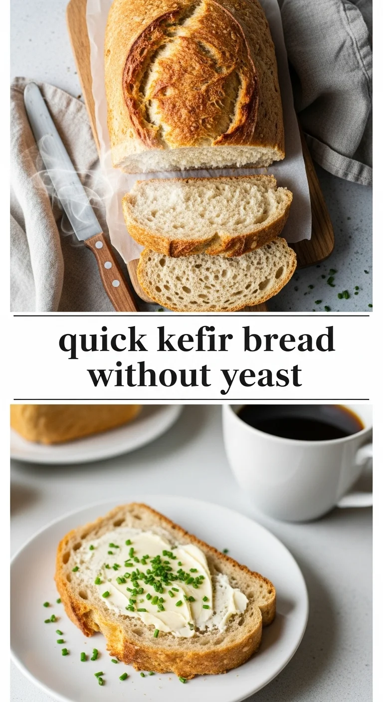 Vertical pin showing two delicious smartphone photos of freshly baked, golden-brown quick kefir bread without yeast, sliced and ready to eat, with the text 'quick kefir bread without yeast' prominently displayed in the center.