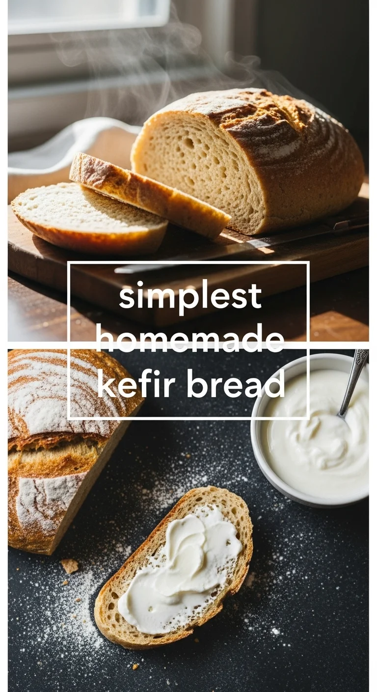 Vertical pin showing two delicious smartphone photos of golden-brown, crusty kefir bread loaves with a soft, airy interior. The text 'simplest homemade kefir bread' is prominently displayed in the center.