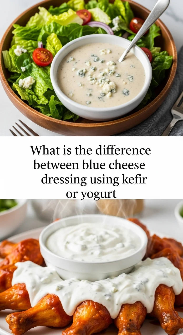 Vertical pin showing two delicious smartphone photos of creamy blue cheese dressings, one with a smooth, tangy look (kefir) and the other slightly thicker and richer (yogurt), with the text 'What is the difference between blue cheese dressing using kefir or yogurt' in the center.