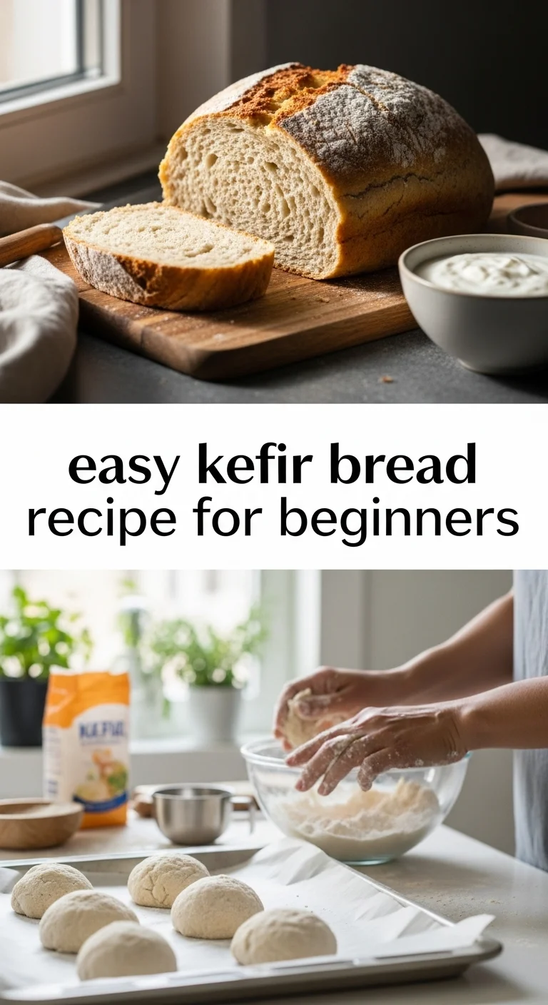 Vertical pin showing two appetizing photos of freshly baked, golden-crusted kefir bread, one whole loaf and one sliced, with the text 'easy kefir bread recipe for beginners' prominently displayed in the center.
