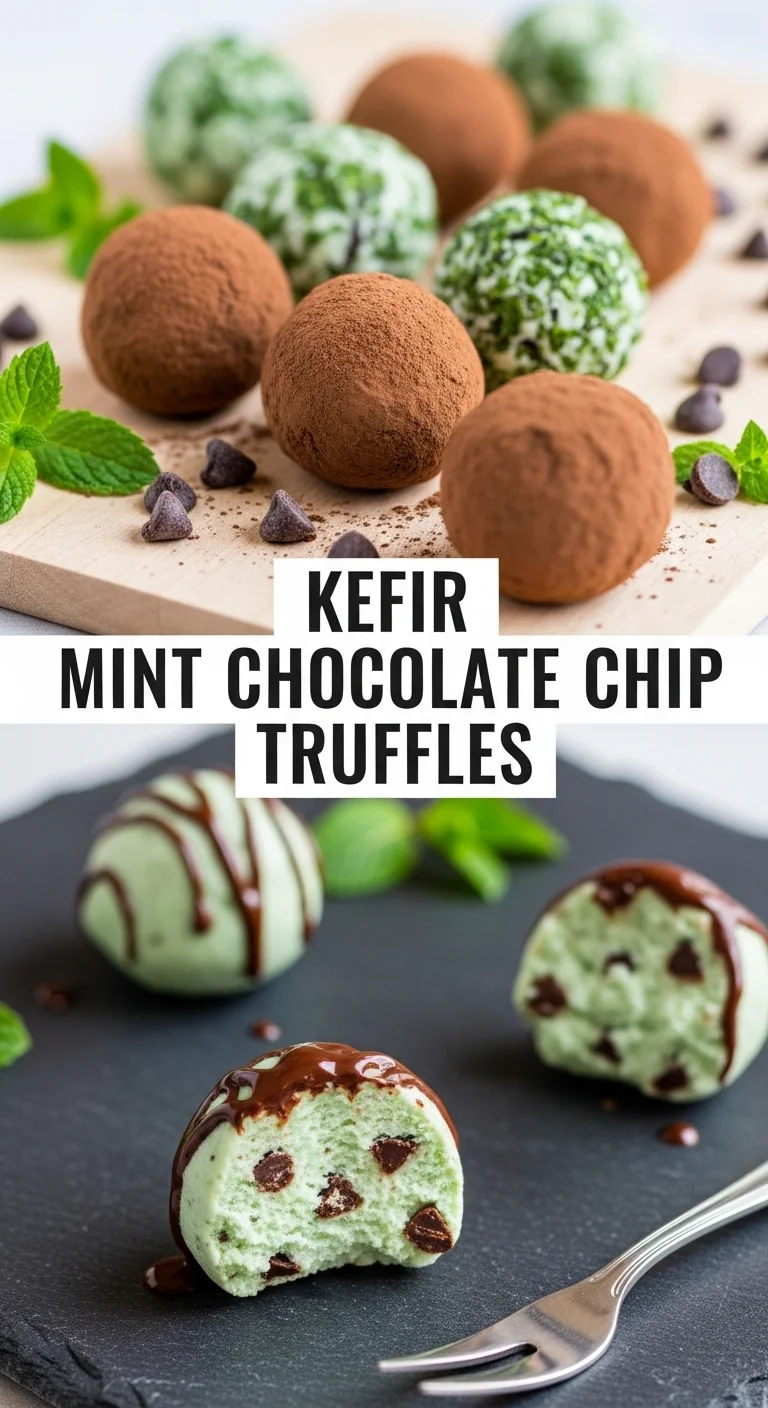 A visually appealing pin featuring a vertical split layout. Two close-up images showcase vibrant green kefir Mint Chocolate Chip Truffles, studded with dark chocolate chips. The central text proudly displays 'kefir Mint Chocolate Chip Truffles', perfect for your St. Patrick's Day treats.
