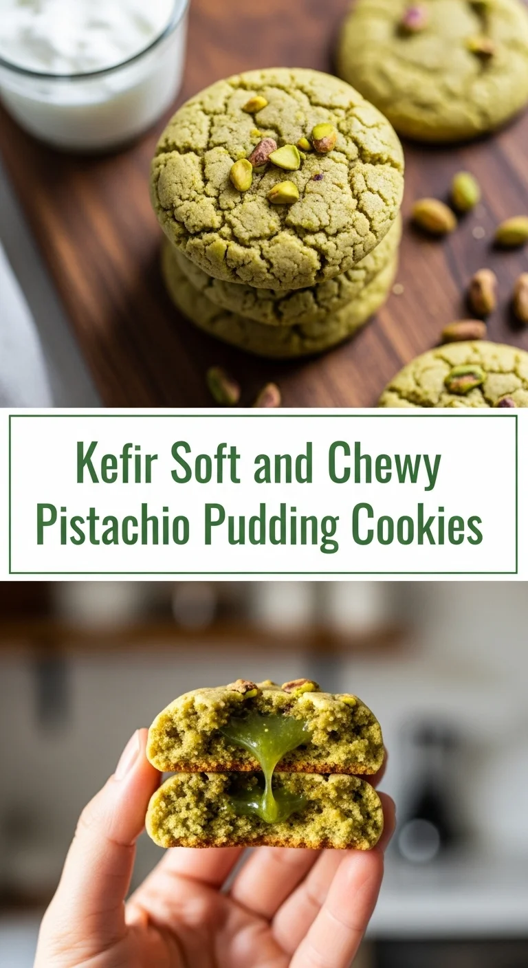 A vertical split layout image featuring two mouth-watering close-up shots of vibrant green kefir Soft and Chewy Pistachio Pudding Cookies, centered with the text 'kefir Soft and Chewy Pistachio Pudding Cookies'. These chewy St. Patrick’s Day treats look incredibly inviting.