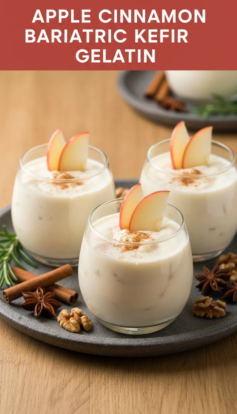 A vertical 9:16 layout with the title 'APPLE CINNAMON BARIATRIC KEFIR GELATIN' in bold text at the top. The bottom shows a professional hero shot of the plated Apple Cinnamon Bariatric Kefir Gelatin.