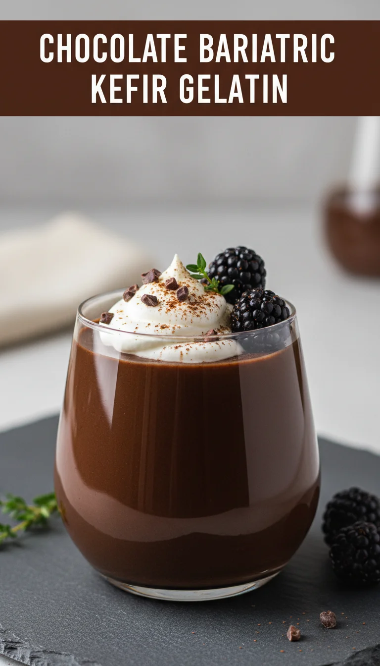 A vertical 9:16 Pinterest pin layout with the text CHOCOLATE BARIATRIC KEFIR GELATIN at the top and a professional hero shot of the final plated Chocolate Bariatric Kefir Gelatin at the bottom.