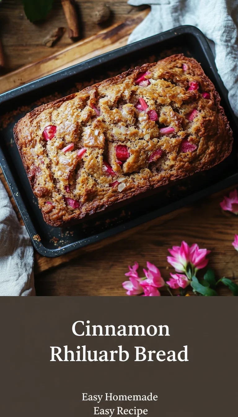 A vertical split layout containing two pictures with the main keyword 'Cinnamon Rhubarb Bread' in the center. The photos show a moist, golden-brown loaf with swirls of cinnamon and tart rhubarb bits, baked with probiotic-rich kefir for a wholesome texture.
