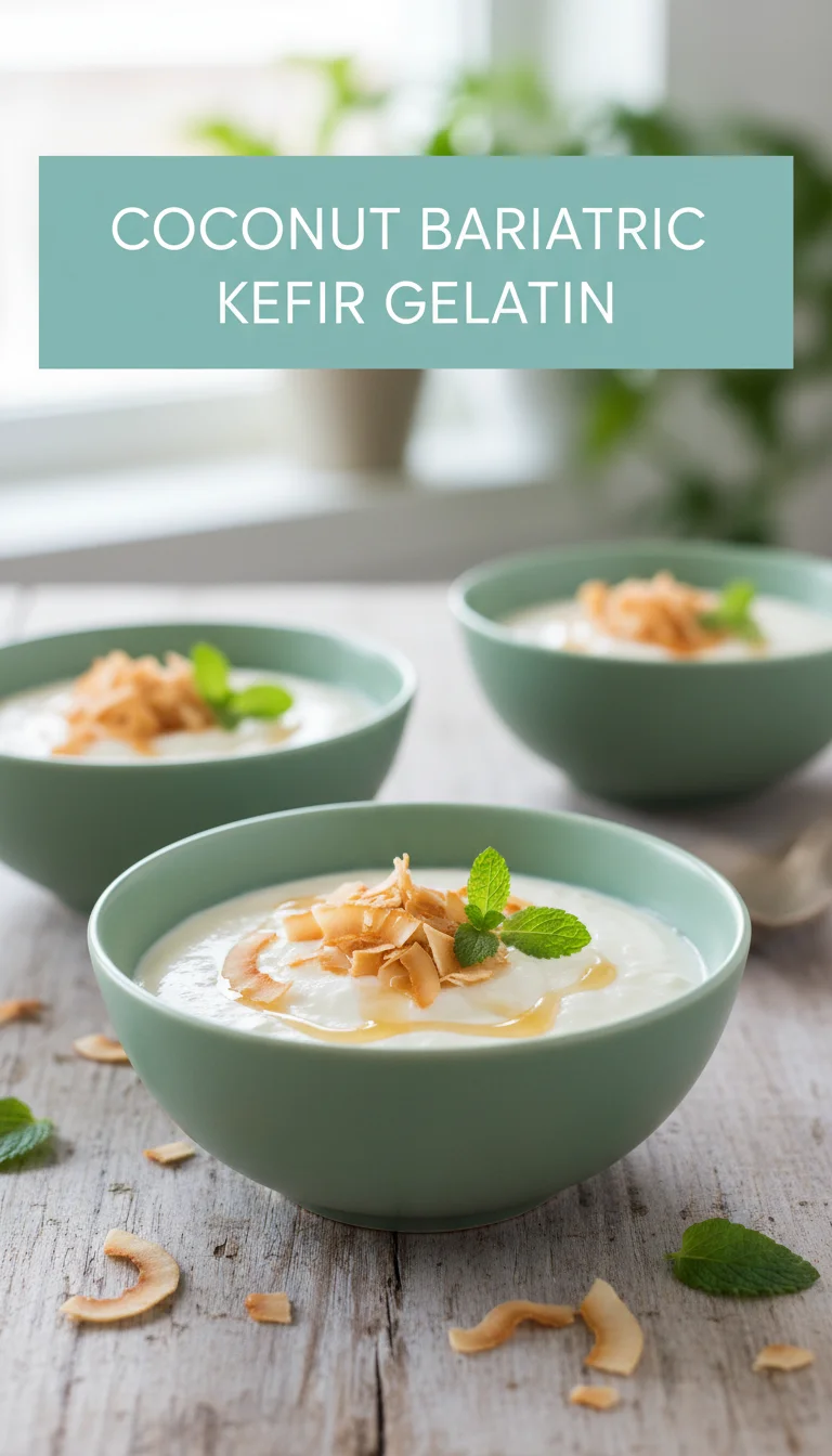 Vertical 9:16 layout. The top section displays the text COCONUT BARIATRIC KEFIR GELATIN in bold font. The bottom section is a professional hero shot of the plated Coconut Bariatric Kefir Gelatin.