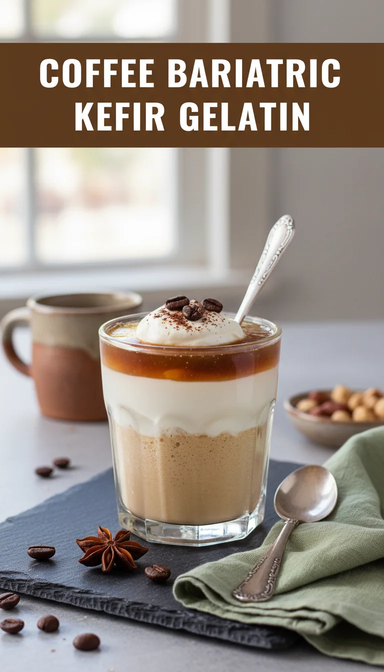 A vertical 9:16 layout. The top section contains the main keyword 'COFFEE BARIATRIC KEFIR GELATIN' in a bold, professional font on a clean background. The bottom section is a high-quality, professional hero shot of the final plated Coffee Bariatric Kefir Gelatin, perfect for post-op recovery.