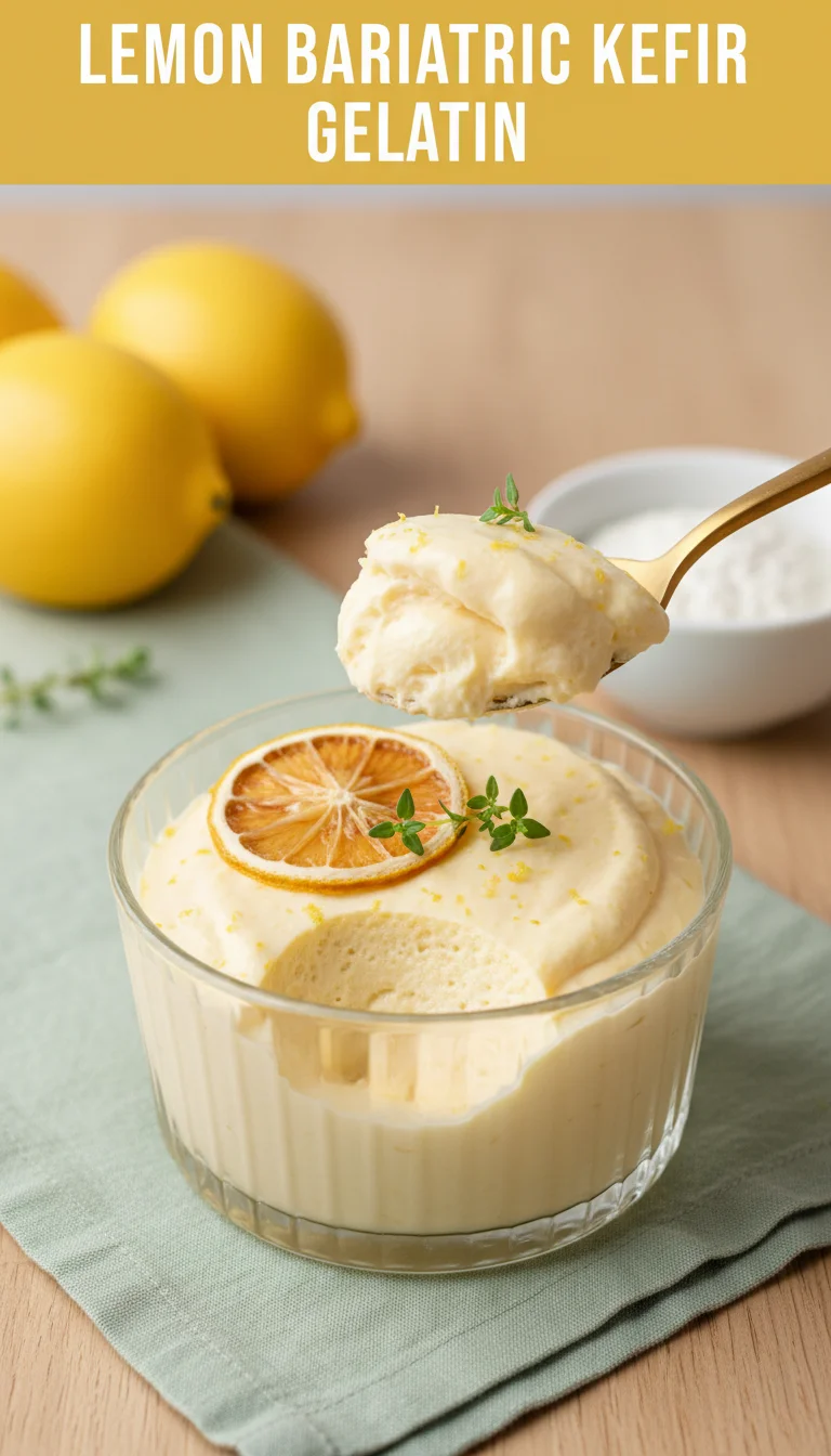 A vertical 9:16 Pinterest pin template. The top section features the keyword 'LEMON BARIATRIC KEFIR GELATIN' in bold text. The bottom section displays a professional hero shot of plated gelatin.