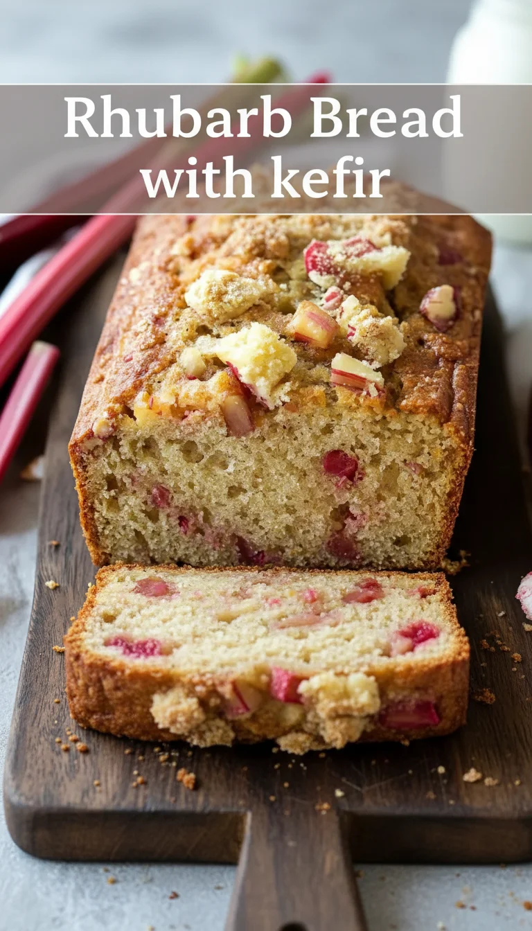 A vertical split layout containing two pictures with the main keyword 'Rhubarb Bread with kefir' in the center. The top shows a golden loaf, and the bottom a moist slice with tart rhubarb.