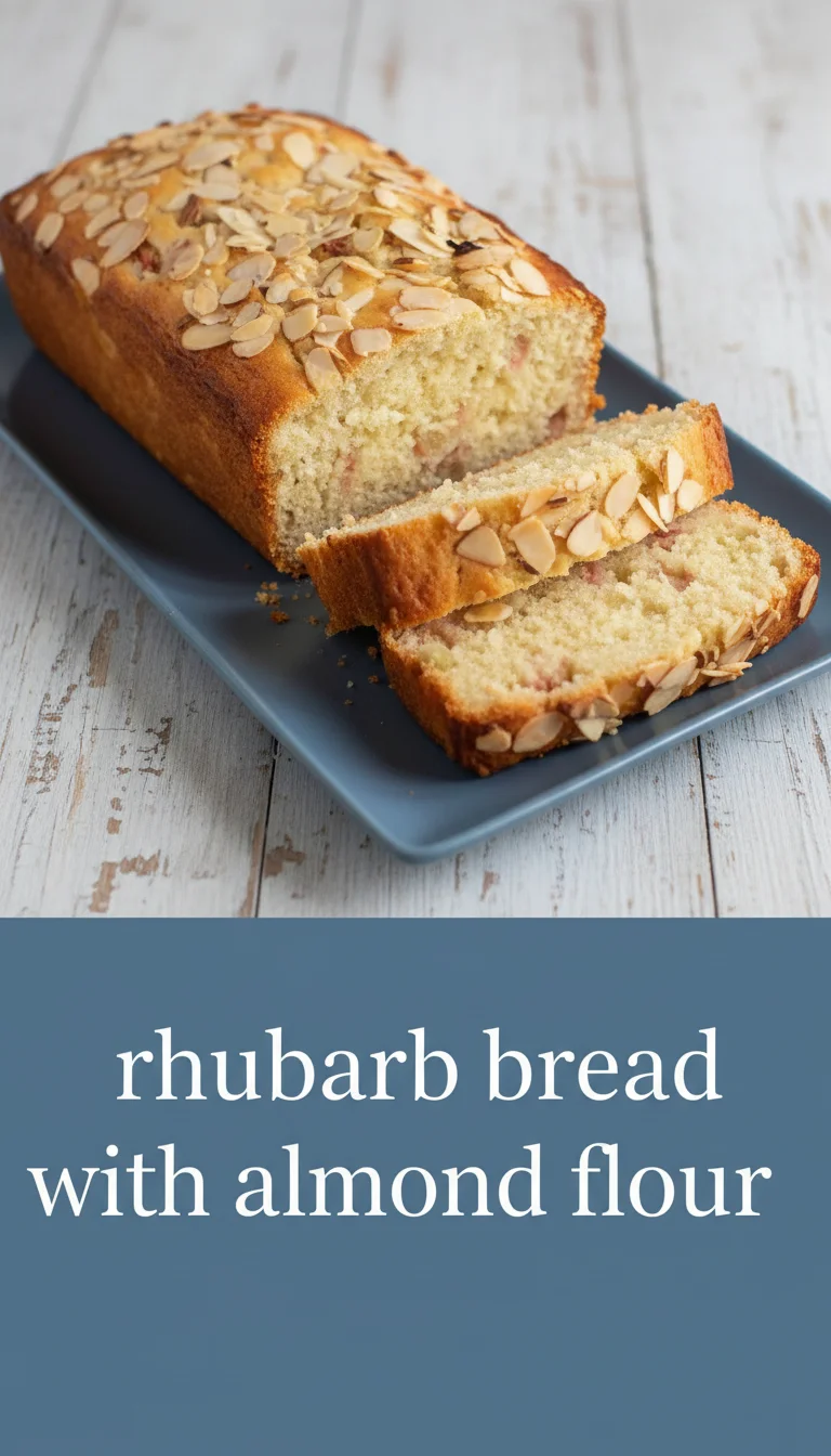 Vertical split layout containing two pictures with the main keyword 'rhubarb bread with almond flour' in the center. Top: a golden-brown loaf with vibrant rhubarb stalks. Bottom: a moist slice made with gut-friendly kefir.