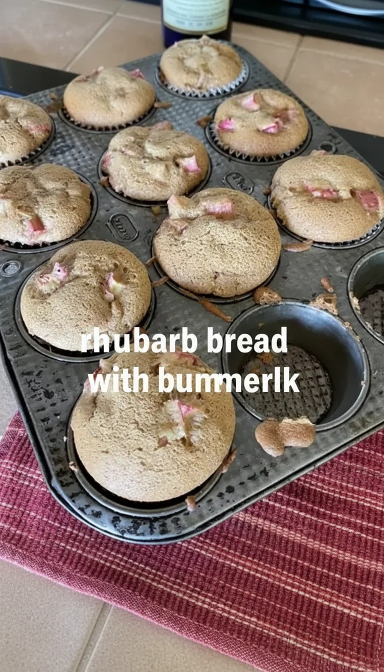 A vertical split layout containing two pictures with the main keyword 'rhubarb bread with buttermilk' in the center. The photos show a golden, tender loaf bursting with tart pink rhubarb and a soft crumb.