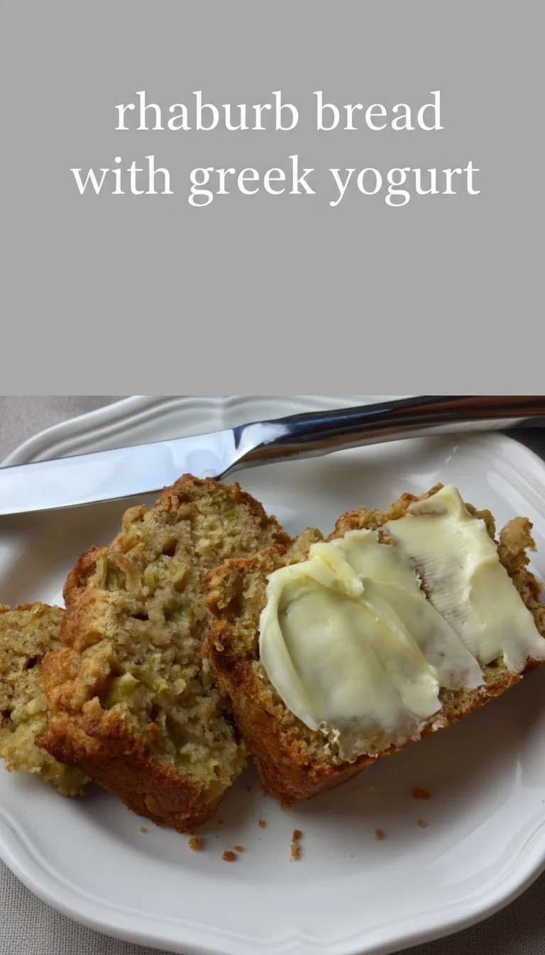 A vertical split layout containing two pictures with the main keyword 'rhubarb bread with greek yogurt' in the center. The images showcase a moist, golden-brown loaf packed with tart rhubarb, highlighting the creamy texture achieved with Greek yogurt and kefir.