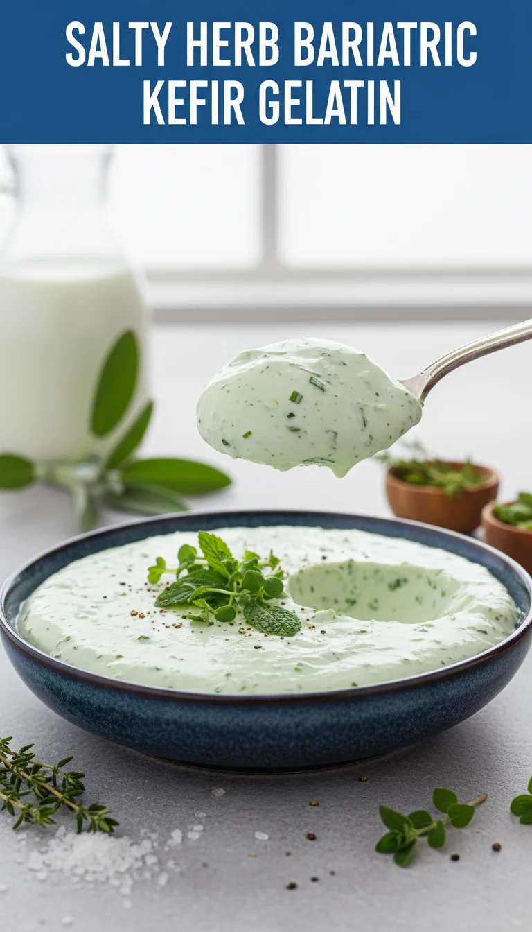 A vertical 9:16 layout featuring the title 'SALTY HERB BARIATRIC KEFIR GELATIN' in bold professional font at the top and a high-quality hero shot of the plated savory gelatin at the bottom.