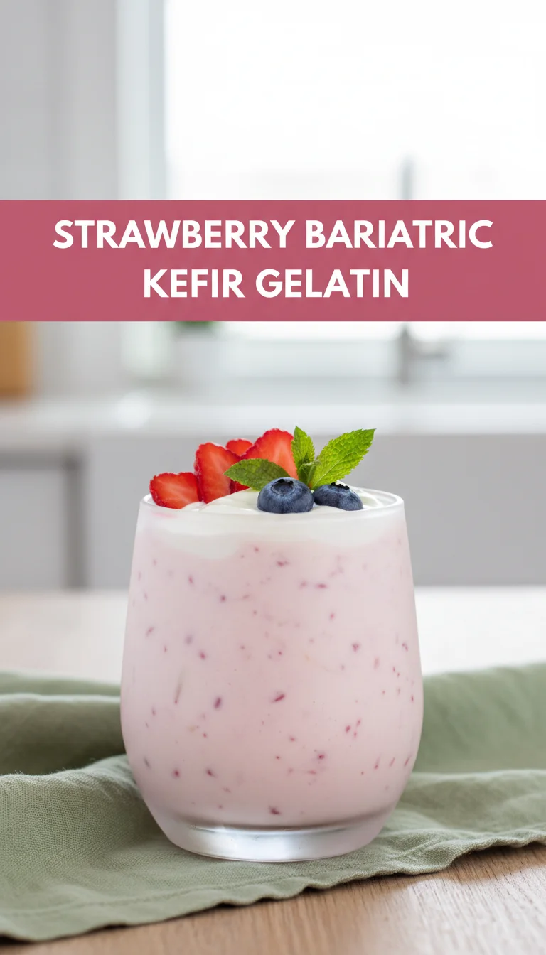 A vertical 9:16 layout. The top section contains the main keyword 'STRAWBERRY BARIATRIC KEFIR GELATIN' in a bold, professional font on a clean background. The bottom section is a high-quality, professional hero shot of the final plated Strawberry Bariatric Kefir Gelatin.