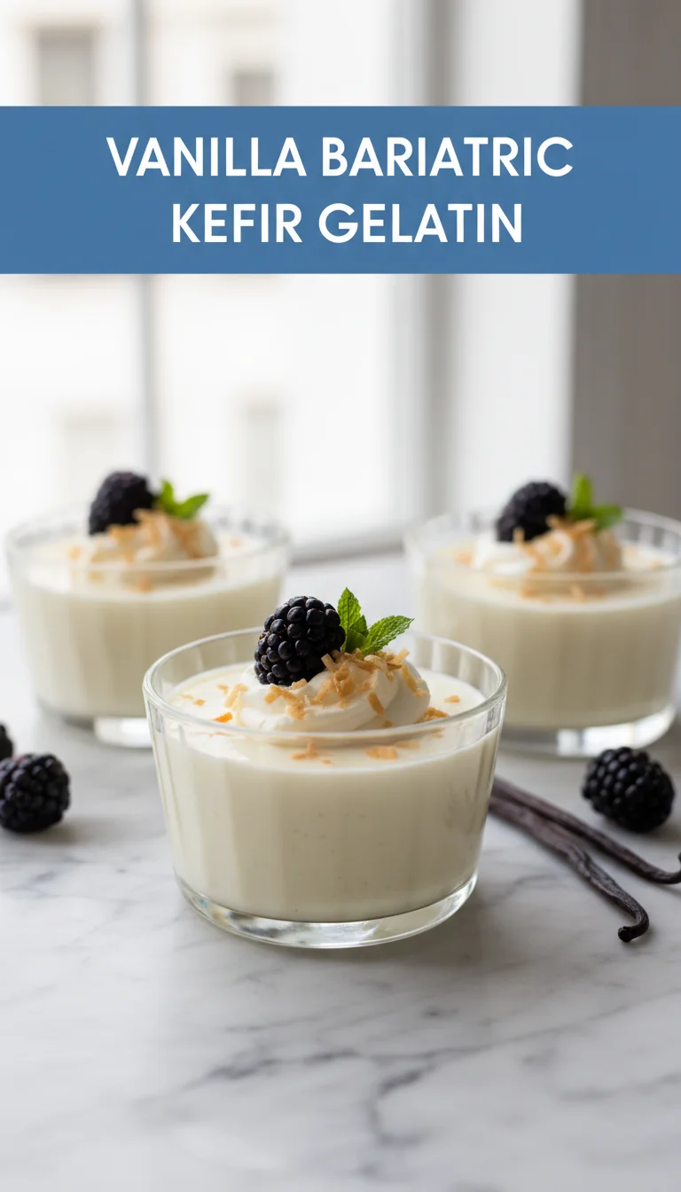 A vertical 9:16 layout with the text 'VANILLA BARIATRIC KEFIR GELATIN' in bold at the top and a professional hero shot of plated Vanilla Bariatric Kefir Gelatin on the bottom.