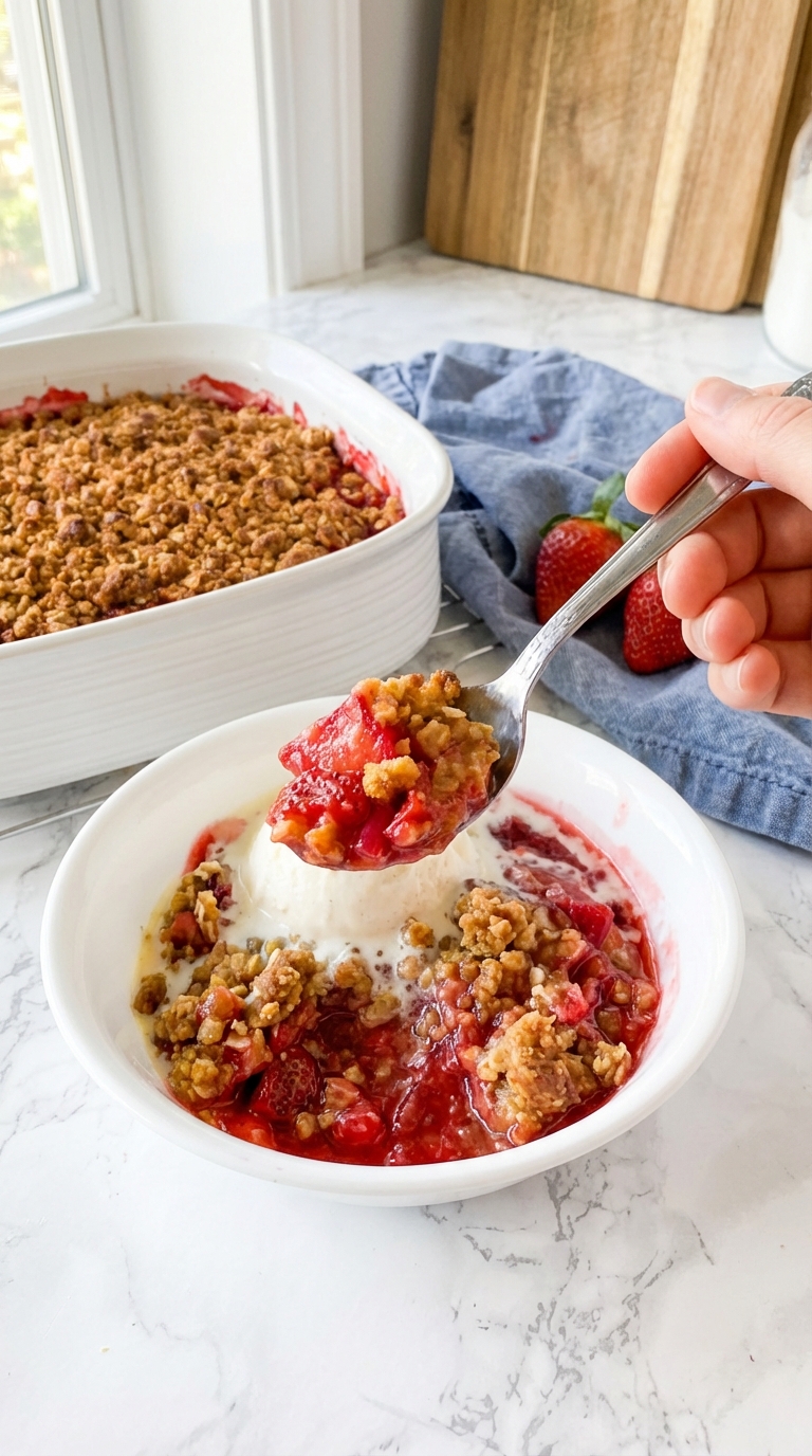 Classic Strawberry Rhubarb Crisp with Brown Sugar Oat Topping final plating