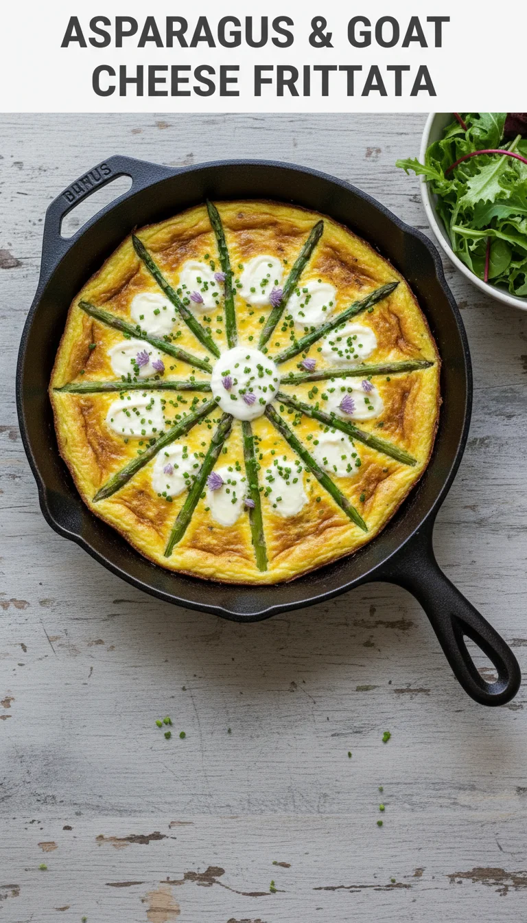 A vertical split layout containing two pictures with the main keyword 'Asparagus & Goat Cheese Frittata' in the center. The top shows a golden, fluffy frittata with vibrant green asparagus and tangy goat cheese, capturing the essence of a fresh Spring morning.