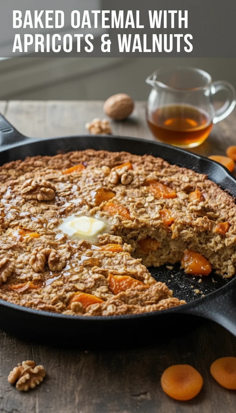 A vertical split layout containing two pictures: the top shows a golden-brown Spring Baked Oatmeal with Apricots & Walnuts fresh from the oven, and the bottom features a close-up of its creamy texture. The main keyword is centered.