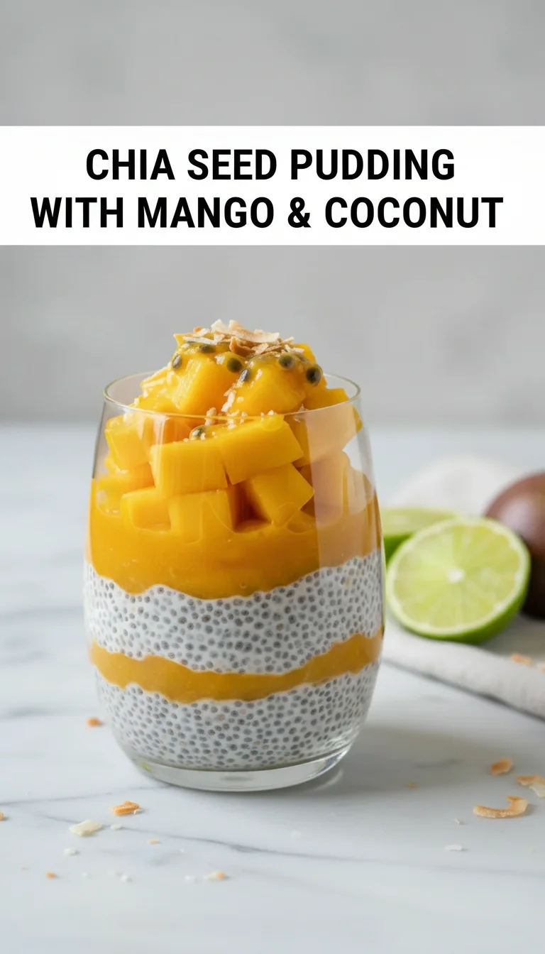 Vertical split layout featuring two pictures of a creamy Chia Seed Pudding with Mango & Coconut topped with vibrant mango chunks and shredded coconut. A text overlay in the center highlights this refreshing Spring treat.