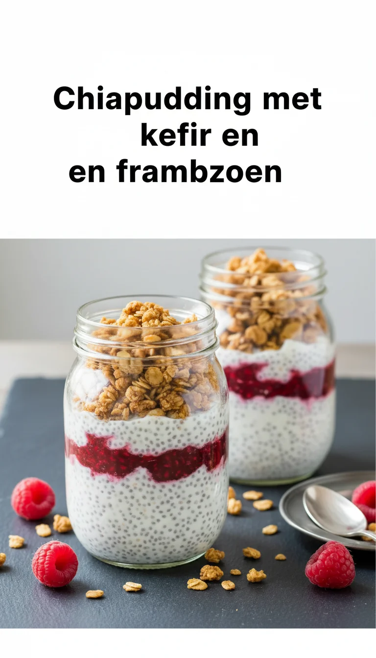 Vertical Pinterest pin with the text 'Chiapudding met kefir en frambozen' at the top and a professional photograph of Chiapudding met kefir en frambozen below it.