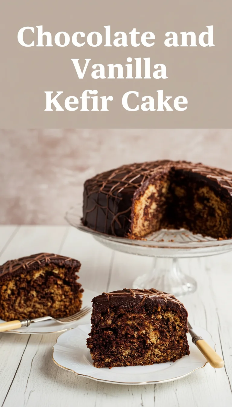 Vertical Pinterest pin with the text 'Chocolate and Vanilla Kefir Cake' at the top and a professional photograph of Chocolate and Vanilla Kefir Cake below it.