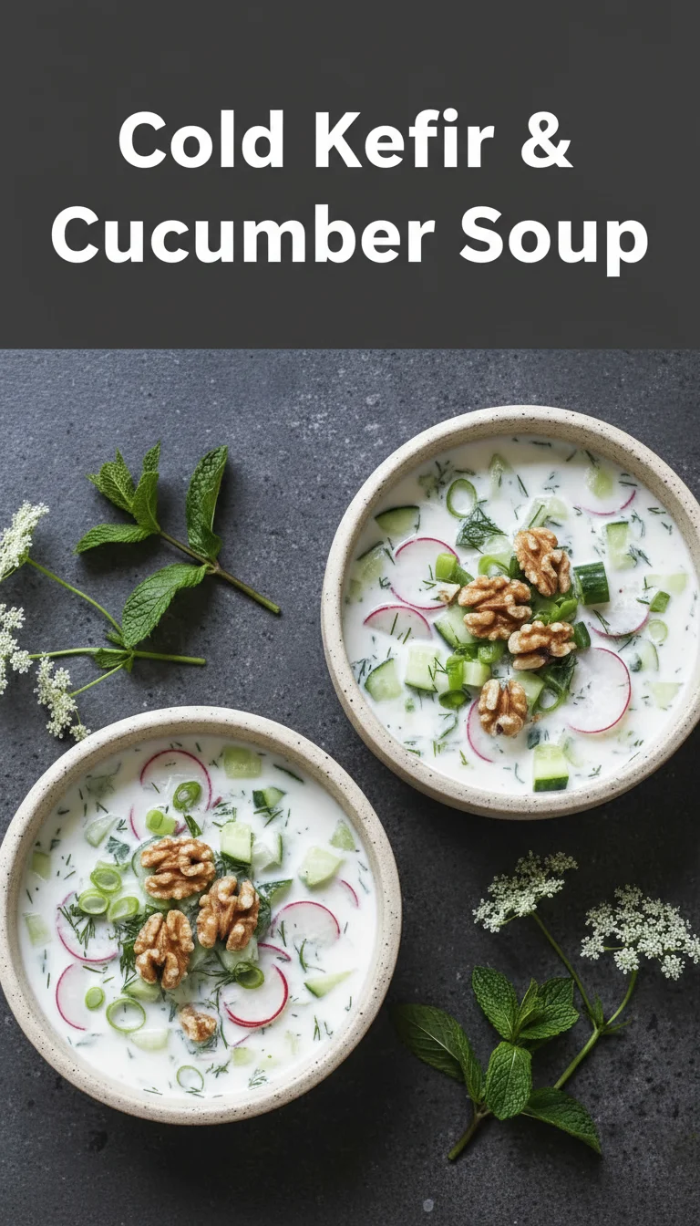 Vertical Pinterest pin with the text 'Cold Kefir & Cucumber Soup' at the top and a professional photograph of Cold Kefir & Cucumber Soup below it, ideal for a cooling summer lunch.