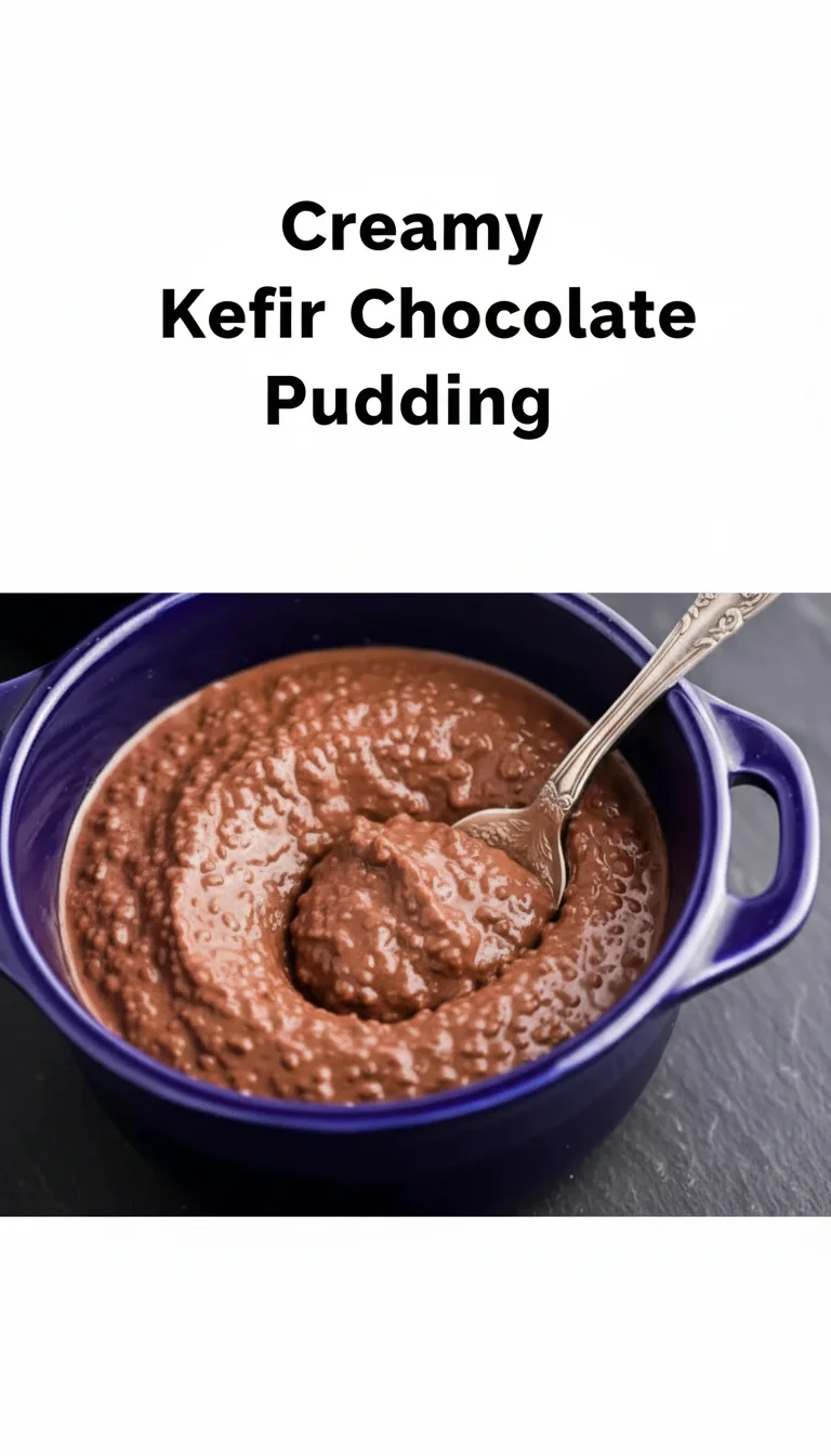 Vertical Pinterest pin with the text 'Creamy Kefir Chocolate Pudding' at the top and a professional photograph of Creamy Kefir Chocolate Pudding below it.