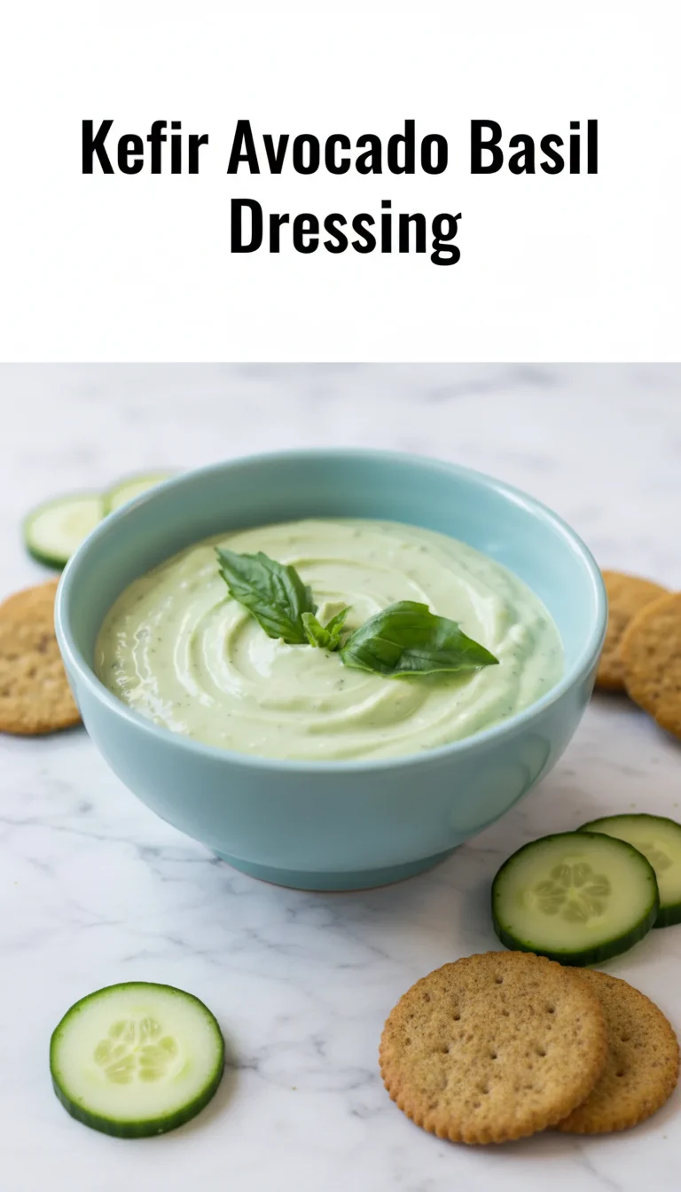 Vertical Pinterest pin with the text 'Kefir Avocado Basil Dressing' at the top and a professional photograph of Kefir Avocado Basil Dressing below it.