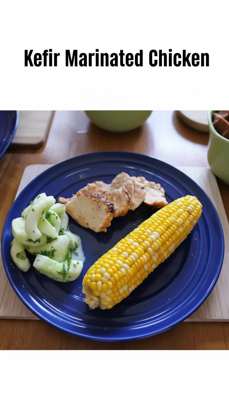 Vertical Pinterest pin with the text 'Kefir Marinated Chicken' at the top and a professional photograph of Kefir Marinated Chicken below it.