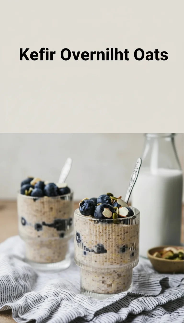 Vertical Pinterest pin with the text 'Kefir Overnight Oats' at the top and a professional photograph of Kefir Overnight Oats below it.