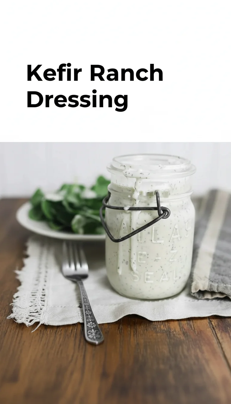 Vertical Pinterest pin with the text 'Kefir Ranch Dressing' at the top and a professional photograph of creamy Kefir Ranch Dressing in a glass jar below it.