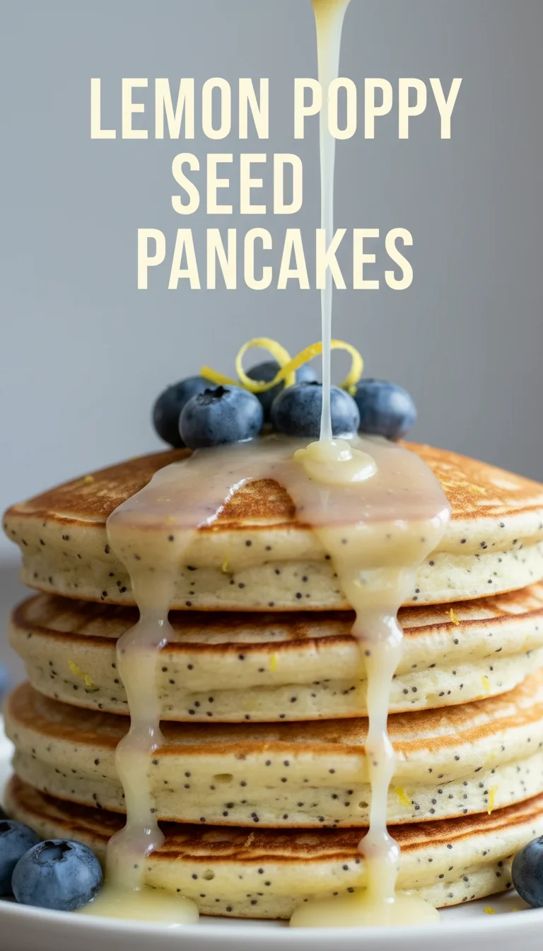 A vertical split layout with two pictures showing fluffy, golden-brown Lemon Poppy Seed Pancakes topped with fresh lemon zest and seasonal berries for a bright Spring brunch. The text 'Lemon Poppy Seed Pancakes' is featured in the center.
