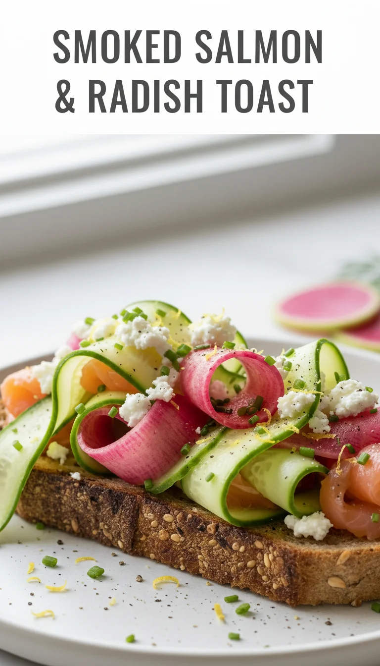 A vertical split layout containing two pictures with the main keyword 'Smoked Salmon & Radish Toast' in the center. The images show a gourmet Spring toast topped with thin radish slices, fresh salmon, and a velvety probiotic spread.
