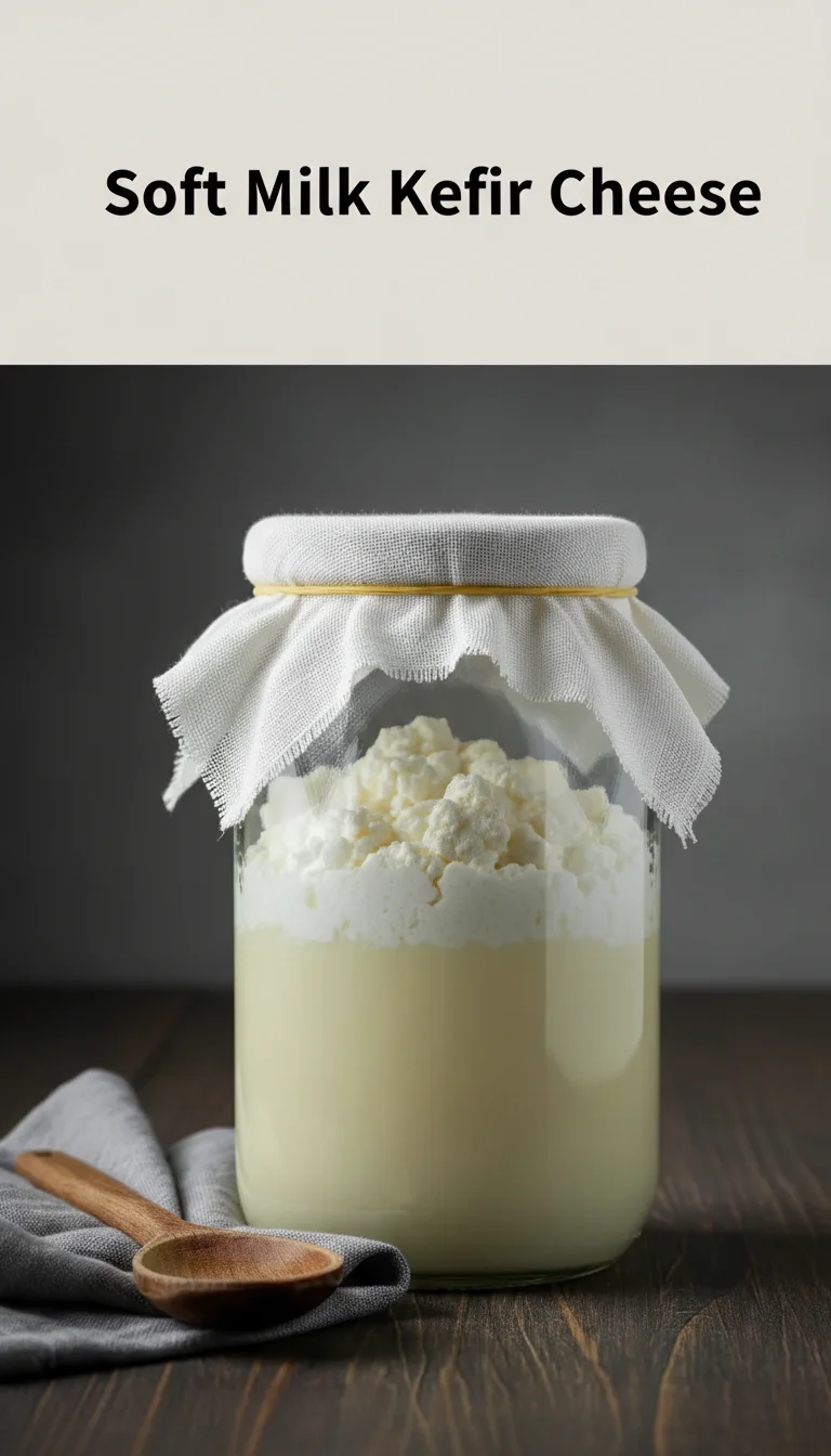 Vertical Pinterest pin with the text 'Soft Milk Kefir Cheese' at the top and a professional photograph of Soft Milk Kefir Cheese below it.