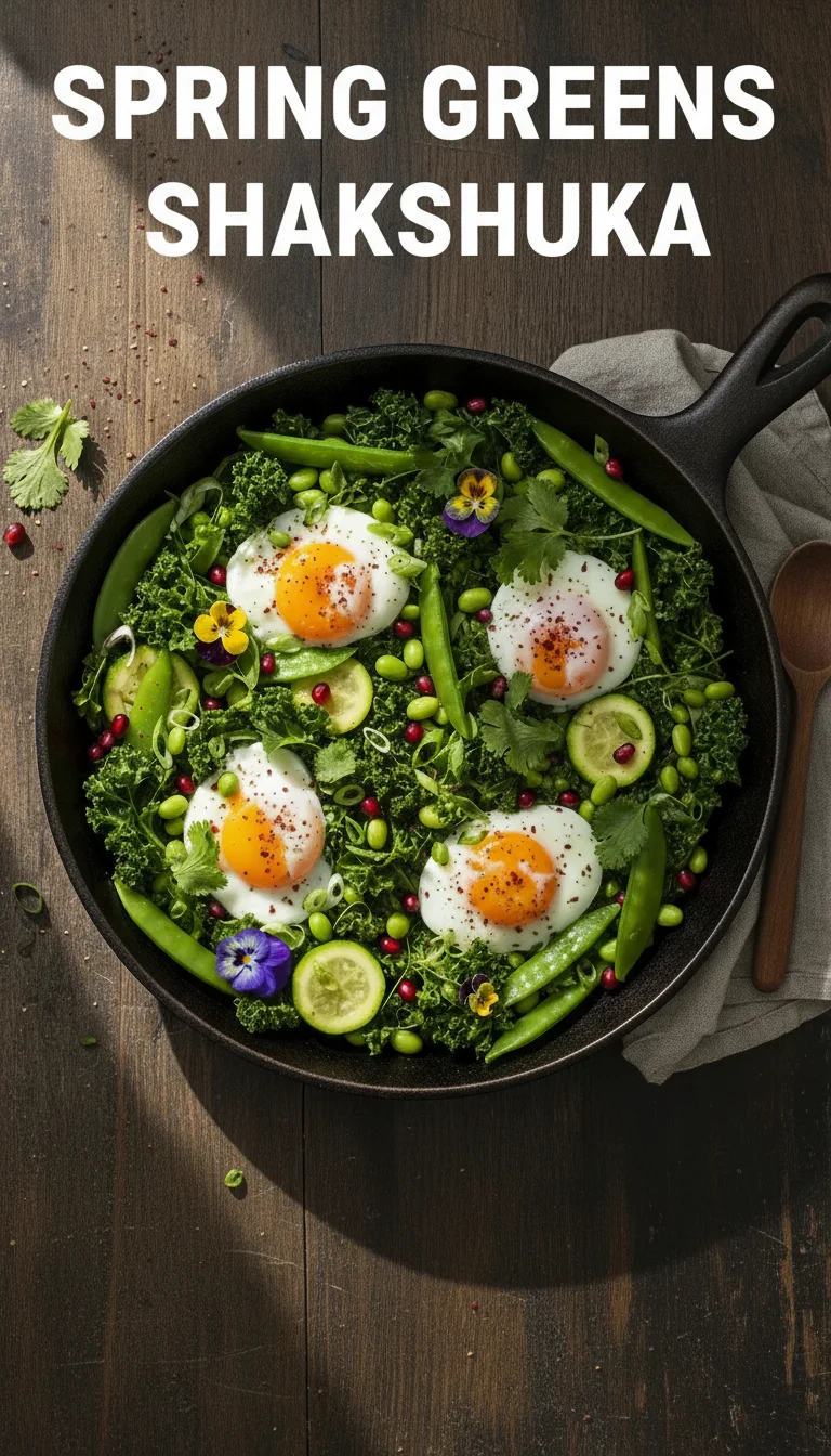 A vertical split layout with two pictures featuring Spring Greens Shakshuka in the center. The photos show eggs poaching in a bed of vibrant sautéed spring greens and fresh herbs.
