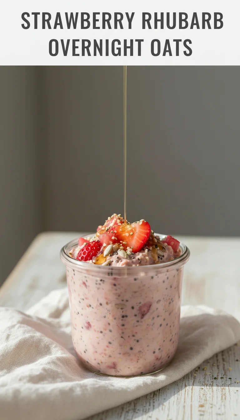 A vertical split layout containing two pictures with the main keyword 'Strawberry Rhubarb Overnight Oats' in the center. The top image captures fresh Spring strawberries and rhubarb, while the bottom features a velvety jar of oats.