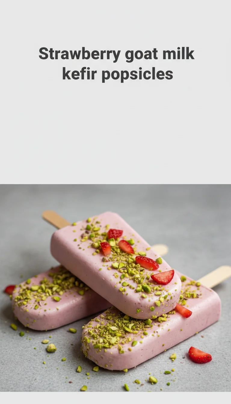 Vertical Pinterest pin with the text 'Strawberry goat milk kefir popsicles' at the top and a professional photograph of Strawberry goat milk kefir popsicles below it.