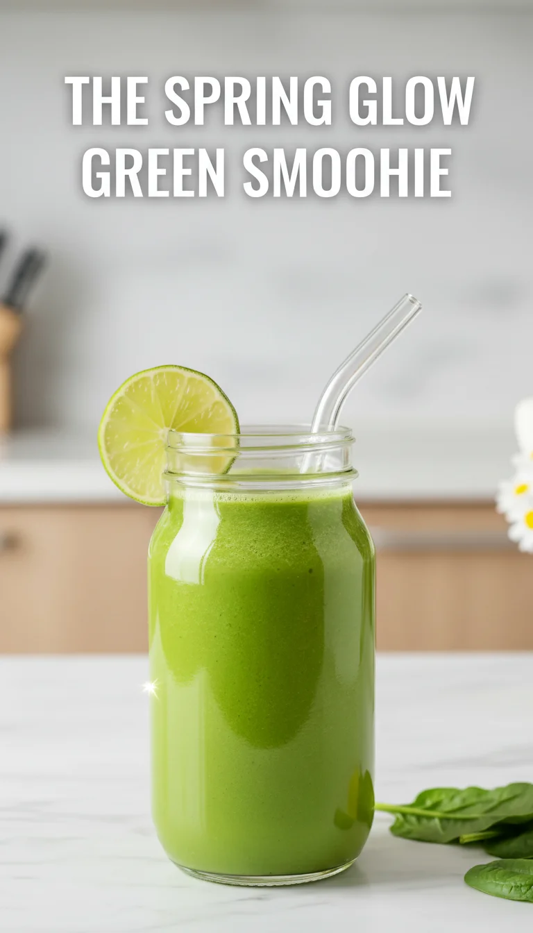 A vertical split layout containing two pictures with the main keyword 'The Spring Glow Green Smoothie' in the center. The top image shows fresh spinach and velvety kefir, while the bottom displays a glass of the vibrant, creamy green smoothie, perfect for a refreshing Spring morning.