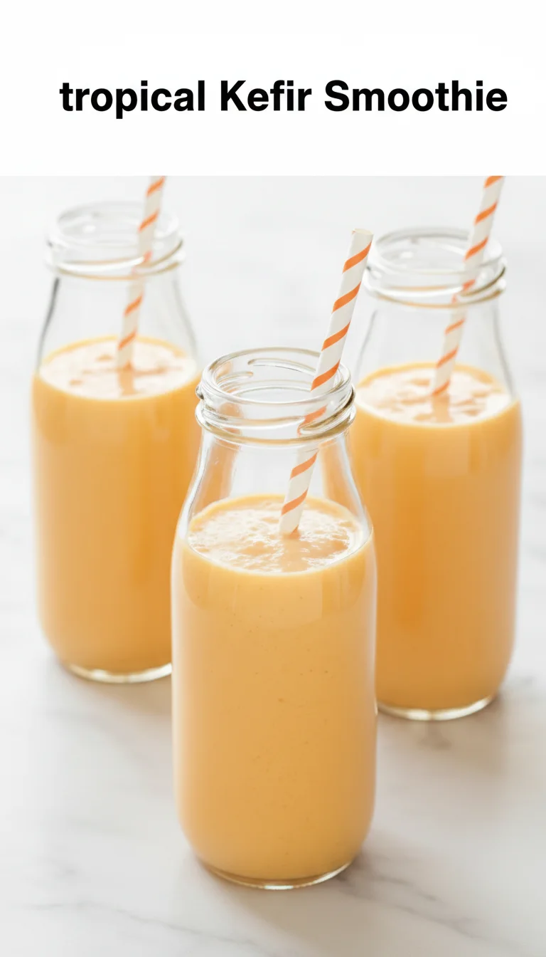 Vertical Pinterest pin with the text 'tropical Kefir Smoothie' at the top and a professional photograph of tropical Kefir Smoothie below it.