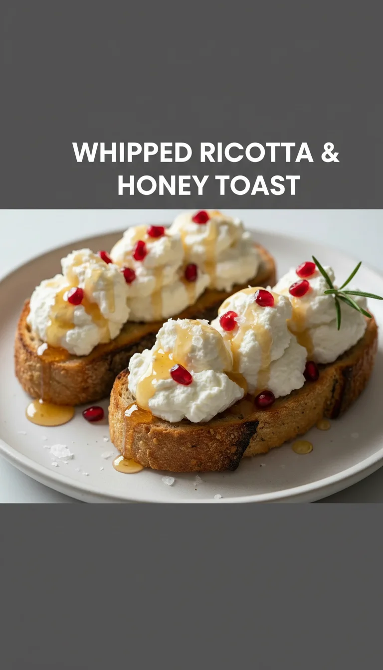A vertical split layout showing two views of golden toasted bread topped with cloud-like whipped ricotta and a honey drizzle. The text 'Whipped Ricotta & Honey Toast' is centered in the Spring scene.