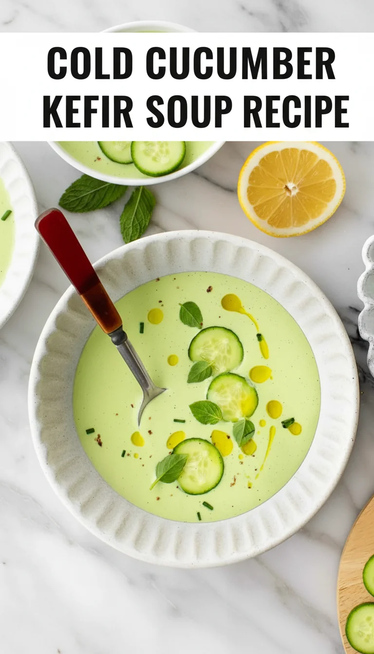 A vertical split layout containing two pictures with the main keyword 'cold cucumber kefir soup recipe' in the center. The top image showcases crisp cucumbers and creamy kefir being prepared, while the bottom displays a beautifully chilled bowl of vibrant green soup topped with fresh dill and a drizzle of olive oil, perfect for a refreshing summer lunch.