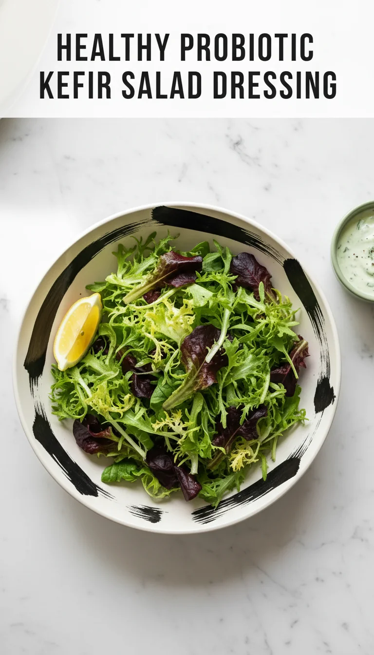 A vertical split layout containing two pictures with the main keyword 'healthy probiotic kefir salad dressing' in the center; the top image shows creamy dressing drizzled over crisp summer greens, and the bottom features fresh probiotic kefir blended with vibrant herbs.