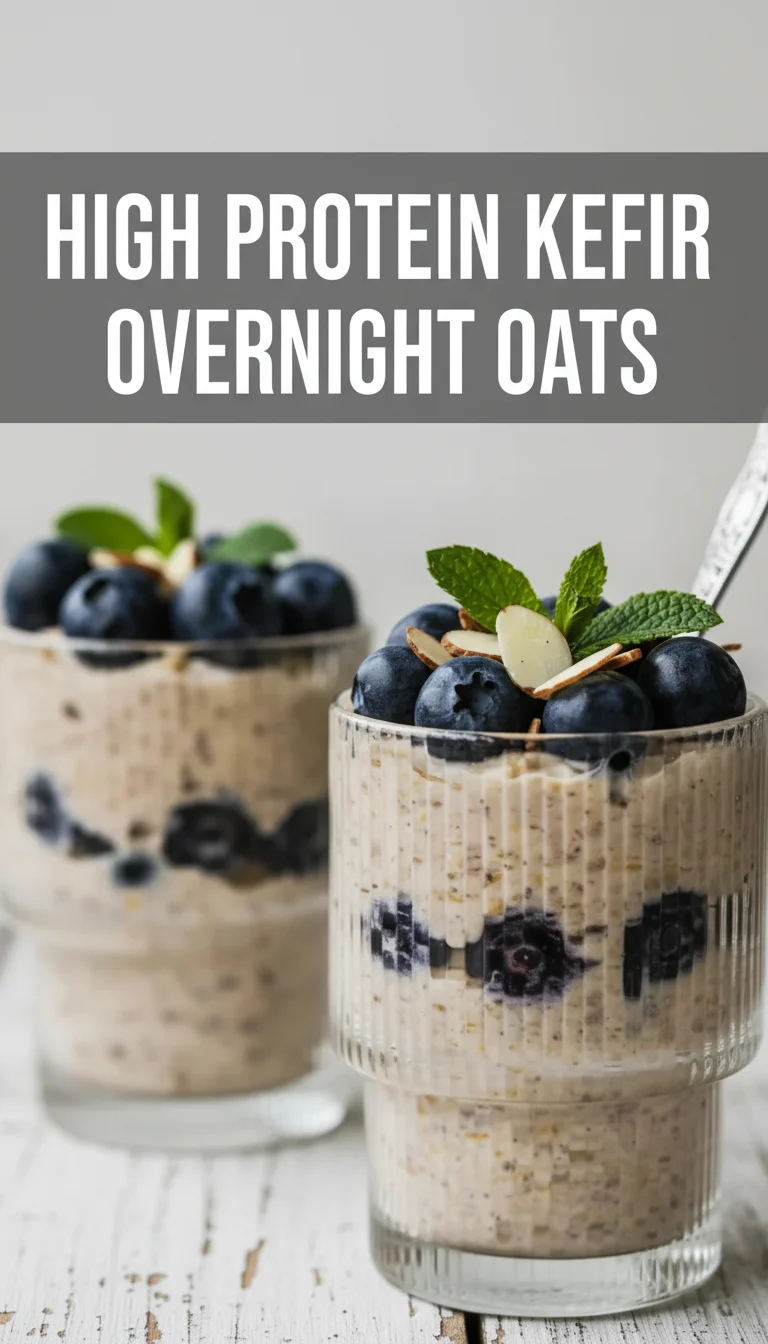 A vertical split layout with two images showing creamy high protein kefir overnight oats in glass jars topped with fresh fruit, with the main keyword 'high protein kefir overnight oats' in the center.