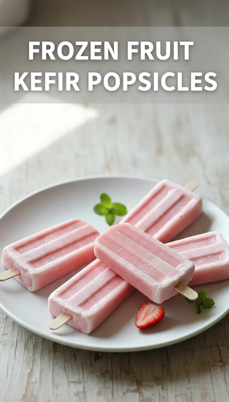 A vertical split layout containing two pictures with the main keyword 'frozen fruit kefir popsicles' in the center. The top image shows vibrant, creamy popsicles with swirling berries, while the bottom displays a chilled stack on a rustic platter.
